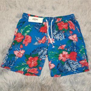 JOGAL Men's Flower Flat Front Casual Aloha Hawaiian Shorts- Large